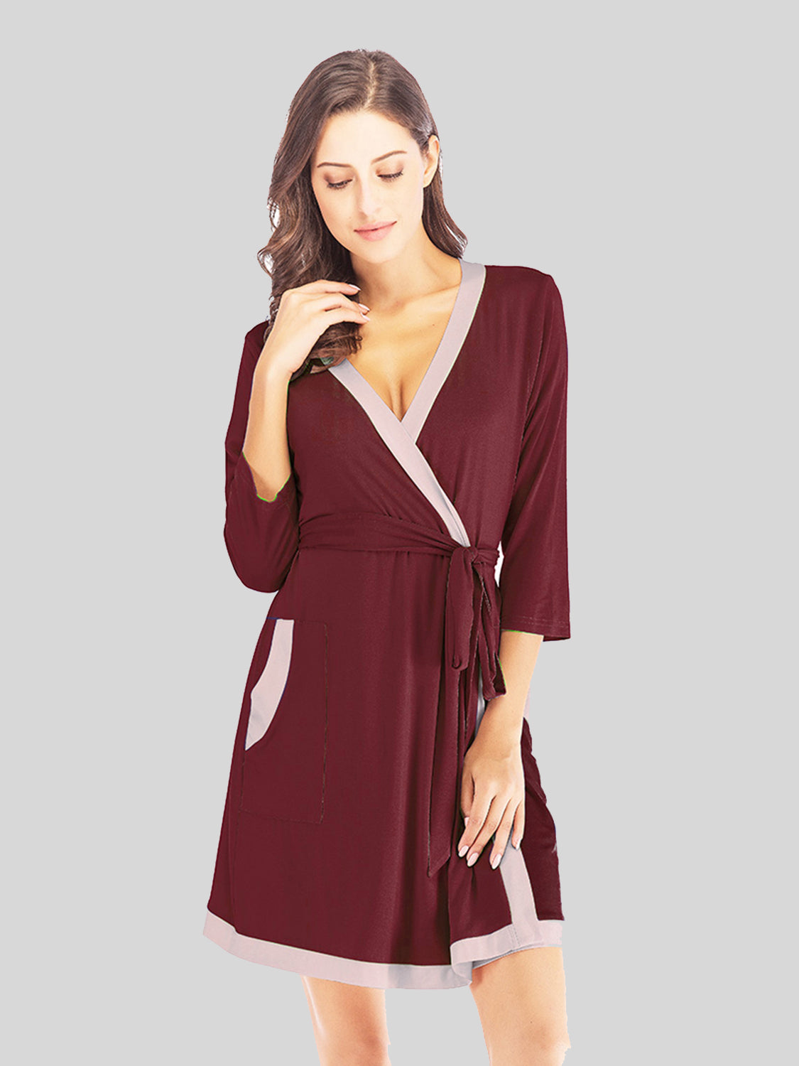 Tie Waist Surplice Neck Robe with Pockets