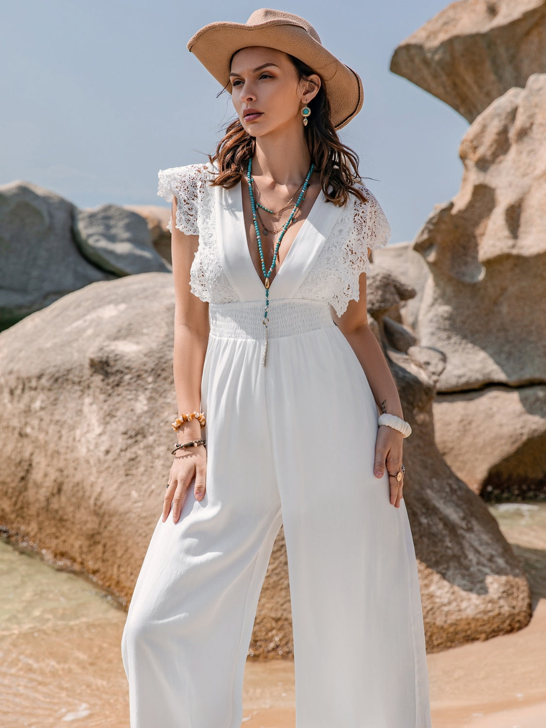 Lace Detail Plunge Cap Sleeve Jumpsuit