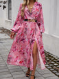 Devine Split Printed Surplice Long Sleeve Midi Dress