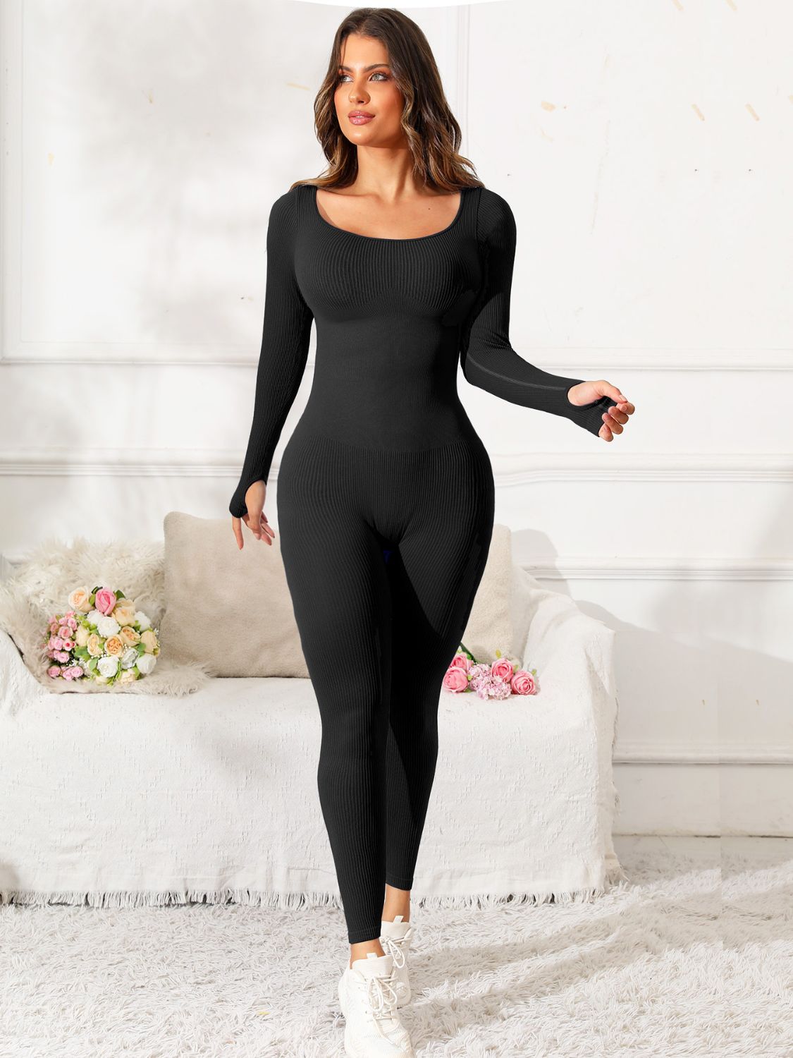 Scoop Neck Long Sleeve Active Jumpsuit